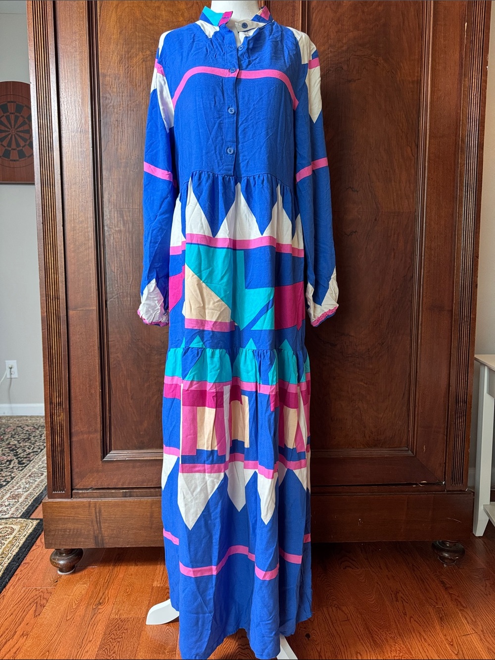 Calimera Boho Blue Geometric Maxi Dress with Pink & Teal Accents